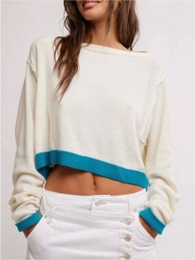 We The Free Cream Off-the-Shoulder Cropped Sweater with Teal Trim